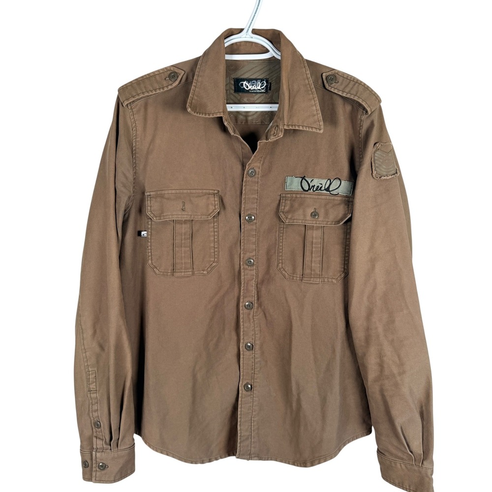 Vintage Y2K O'Neill Military Shirt Jacket Mens M Brown Utility Epaulet Patch